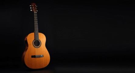 Fototapeta premium Black studio backdrop showcasing detailed classical guitar strings and sound hole