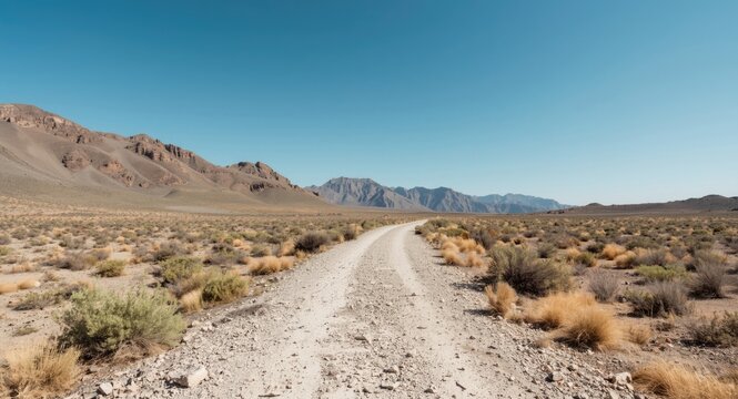 Remote arid mountain terrain featuring rugged gravel path and wide open spaces