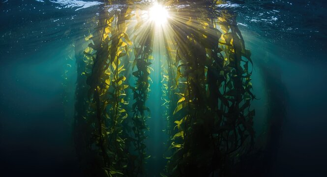 Radiance streaming down through underwater kelp nourishing marine habitats