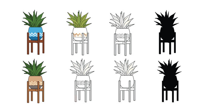 Potted agave plants shown in various artistic styles including full color black silhouette and detailed outline for diverse design projects.