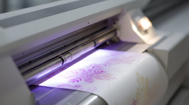 Modern Printing Machine Produce Vivid Designs on White Material, Precision Technology in Action, Close-Up of Digital Output Process with Bright Light