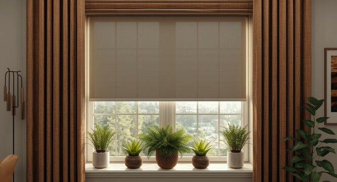 Interior window with electric curtains, large roller shades, wood d&Atilde;&copy;cor and potted greenery