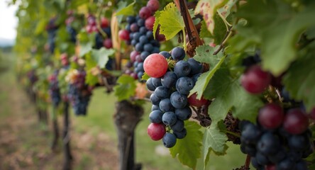 Fototapeta premium Ripe fruit on vineyard vines with ample copyspace for text