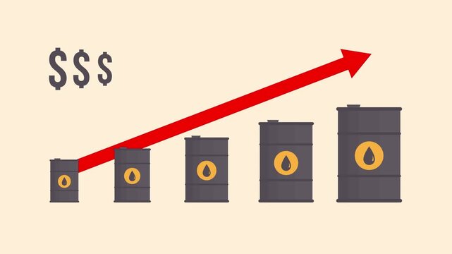 Oil barrel icon. Concept of price rise. Price rate animation. Red arrow up.