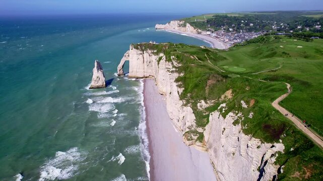 Aerial view over the arch of the Falaise d'Aval and the Pointer of Etretat, near to golf camp, Normandy