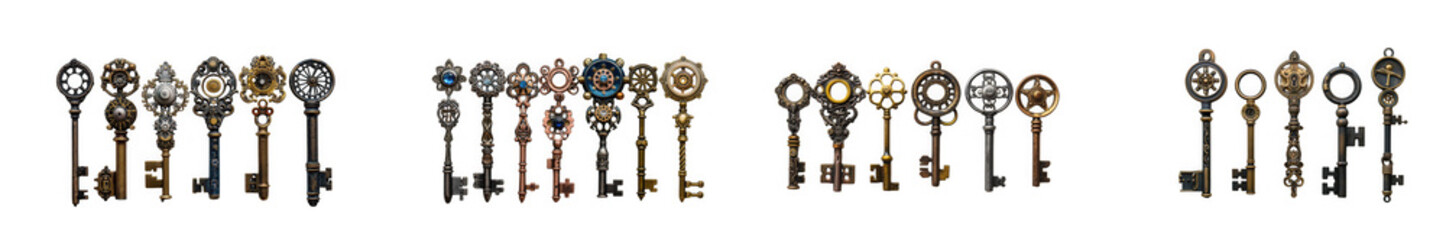 Obraz premium Assortment of antique skeleton keys collection as isolated on transparent background