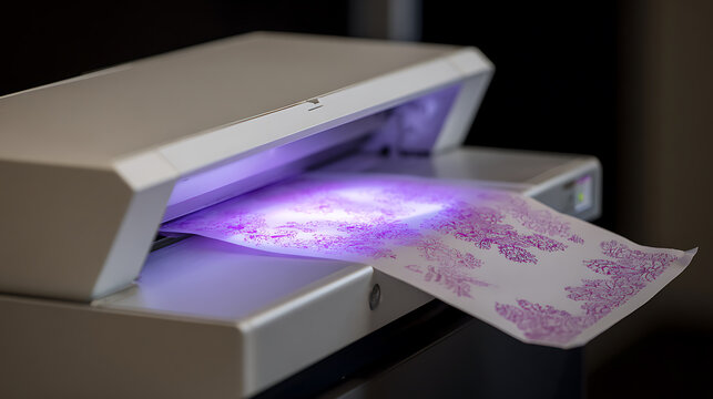 Close-up shot of a modern printer device illuminating a patterned sheet of paper with a purple glow, highlighting the intricate design process