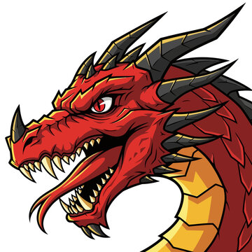 Cartoon red dragon head closeup profile.