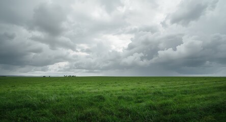 Obraz premium Endless green grassy terrain beneath a heavy cloudscape allowing copy space