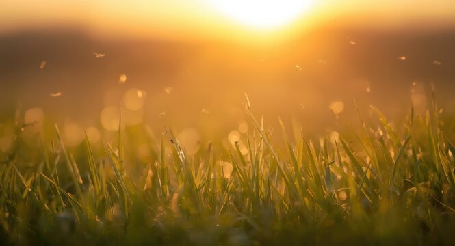 Natural warm light evening blur featuring grass and tiny gnats above