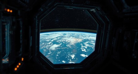 Fototapeta premium Looking outward at Earth through a transparent space station window