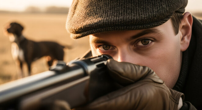 Caucasian man hunter aiming rifle with dog. Hunter looking through scope with hunting dog on field. Traditional sport, outdoor activity concept.
