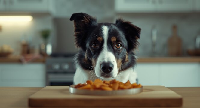 Funny looking border collie dog gazing sadly at food in bright modern kitchen indoors
