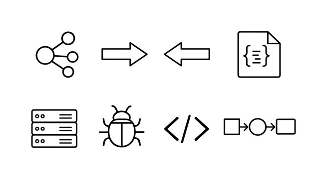 Api testing and development: api endpoint node, request arrow, response arrow, json file, server stack, bug icon, code brackets, integration flow diagram