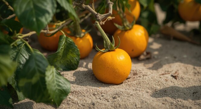 Focused close-up of ripe Citrullus colocynthis fruit surrounded by stems and vibrant leaves on dune sand