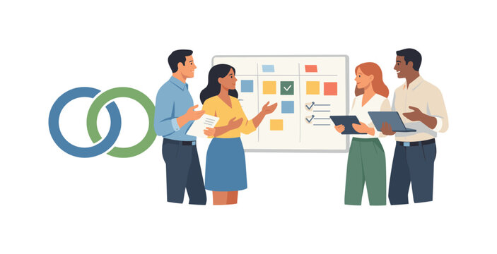 A cross-functional collaboration and departmental synergy scene showing professionals aligning ideas beside a simple interlocking rings symbol and a shared task board element