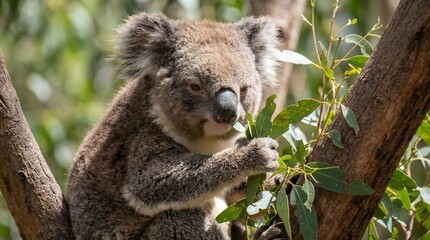 Fototapeta premium Koala eating eucalyptus leaves in tree