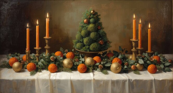 Festive scene painted in oil showing a holiday table adorned with orange pomander candles and a mossy tree centerpiece