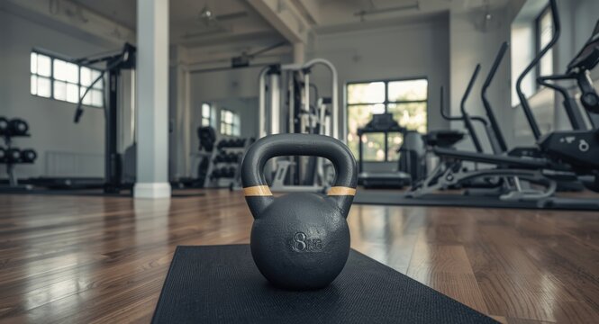 Well equipped gym environment featuring cardio and strength tools, including an 8 kilogram kettlebell supporting health education