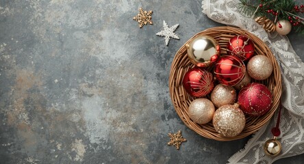 Fototapeta premium Clear workspace with decorative Christmas balls in a basket and copy space