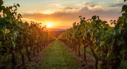 Naklejka premium Lush grapevine field glowing under summer sunset hues