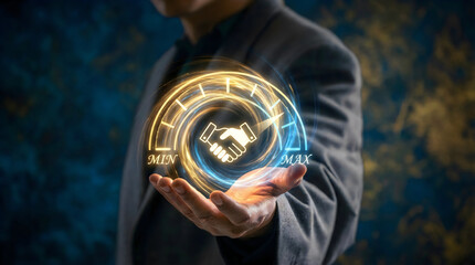 Fototapeta premium Hand holding glowing trust meter with handshake icon in business collaboration concept