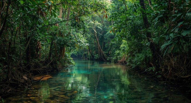 Dense foliage along a vibrant waterway showcasing ecological importance in the Atlantic rainforest
