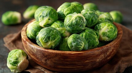 Fototapeta premium Brussels sprouts piled in wooden bowl on cloth covered surface