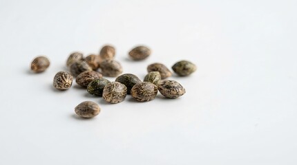 Obraz premium Cannabis seeds scattered on white surface with natural texture and earthy appearance. Cannabis seeds display unique mottled patterns and organic shapes. Concept cannabis cultivation and gardening.