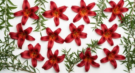 Obraz premium Multiple red day lily blossoms and green foliage arranged on white background highlighting flower variety