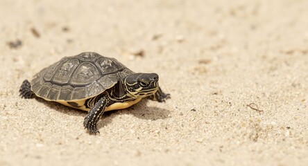 Obraz premium Freshly hatched baby turtle in motion on soft sandy ground with copyspace for text