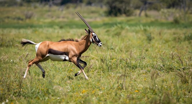 Happy Scimitar Oryx running freely across a green grassland under summer light