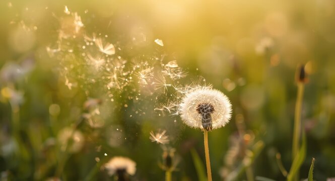 Nature scene showing dandelion seeds blown by wind