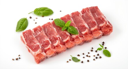 Fototapeta premium Raw pork ribs prepared with fresh basil and peppercorns on white background for cooking ideas