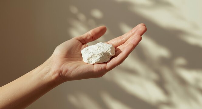 Human hand presenting raw white kaolin clay chunk