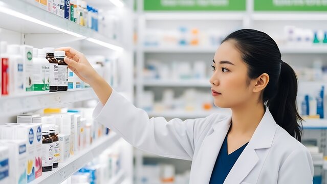Pharmacist selecting medication from a shelf in a pharmacy