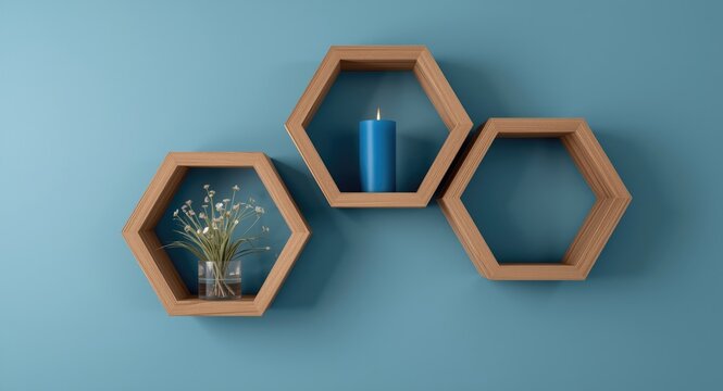 Floating hexagonal shelves featuring blue candle and free copy space