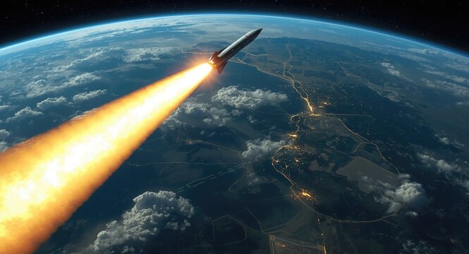 Illustration of nuclear missile launch and corresponding space based intercept strategy