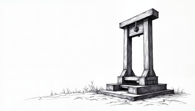 Wooden guillotine structure on grassy ground
