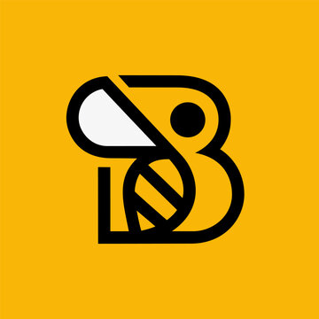 Geometric line art letter B bee logo symbol. Minimalist honeybee insect icon on yellow background. Modern abstract letter B monogram logo. Integrated honey bee and typography sign for tech or branding