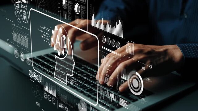 Advanced Technology Concept with Artificial Intelligence Graphical Interface on Laptop Keyboard. Asymptotic smart data analytic.