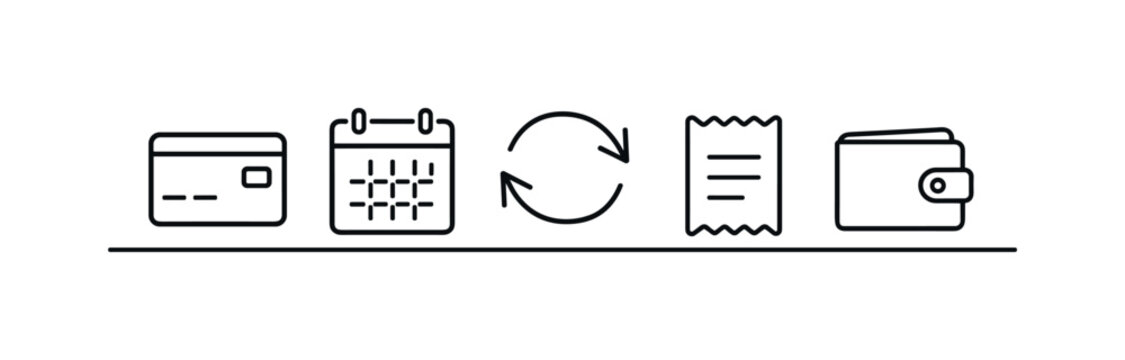 Subscription management and recurring payment control for organizing services and maintaining financial awareness, credit card, calendar page, refresh arrows, receipt, and wallet