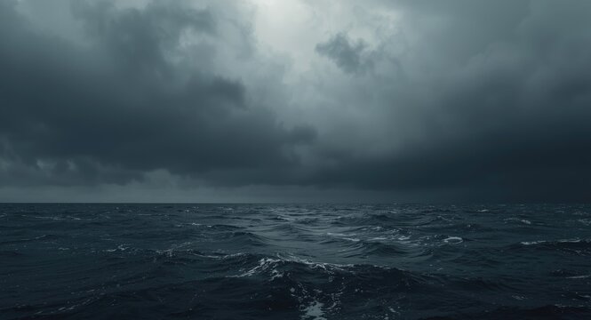 Gloomy horizon of a swelling ocean with heavy clouds and steel gray sky