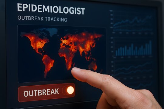 An epidemiologist tracks a global outbreak on a digital map