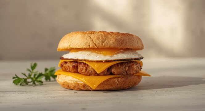 Protein rich vegan sausage patties layered with cheese and egg on a freshly baked English muffin