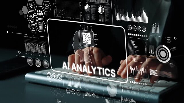 Futuristic AI Analytics Interface with Hands on Keyboard and Data Visualization Elements in a Modern Workspace Setting. Asymptotic smart data analytic.