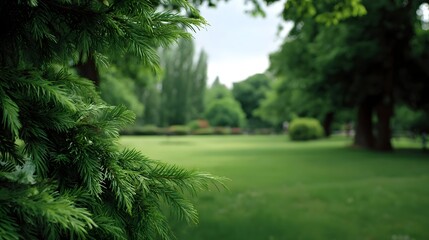 Naklejka premium Lush green pine branches frame a tranquil park scene with a soft blurred lawn and distant trees