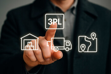 Obraz premium A businessman interacting with 3PL logistics icons on his finger