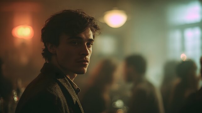 Peter surrounded by faint murmurs after denying, his expression tense and withdrawn, softly layered environment suggesting quiet conversation, diffused lighting, medium shot with a 50mm lens, emotiona