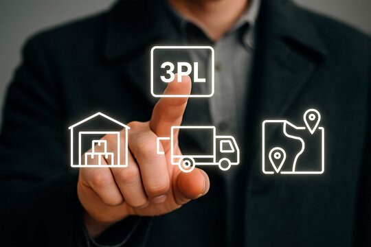 A businessman interacting with 3PL logistics icons on his finger